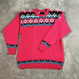 Vintage Demetre Sweater Womens L Pink Virgin Wool Made in USA Fair Isle Nordic